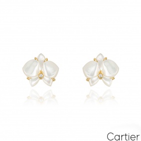 Cartier Yellow Gold Mother of Pearl & Diamond Caresse dOrchides Earrings